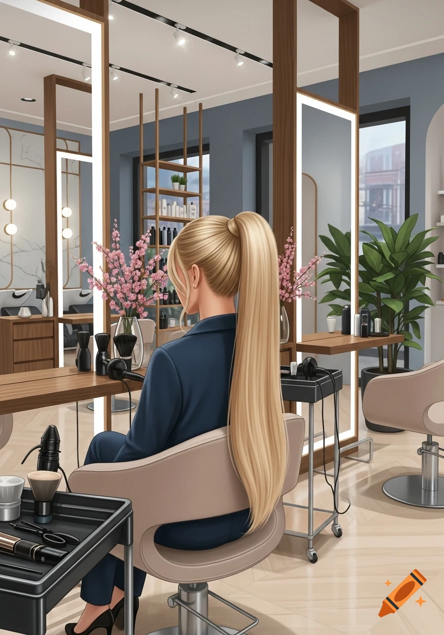 A blonde woman with a long, sleek high ponytail sits in a modern hair salon, viewed from behind, in an illustrated style.