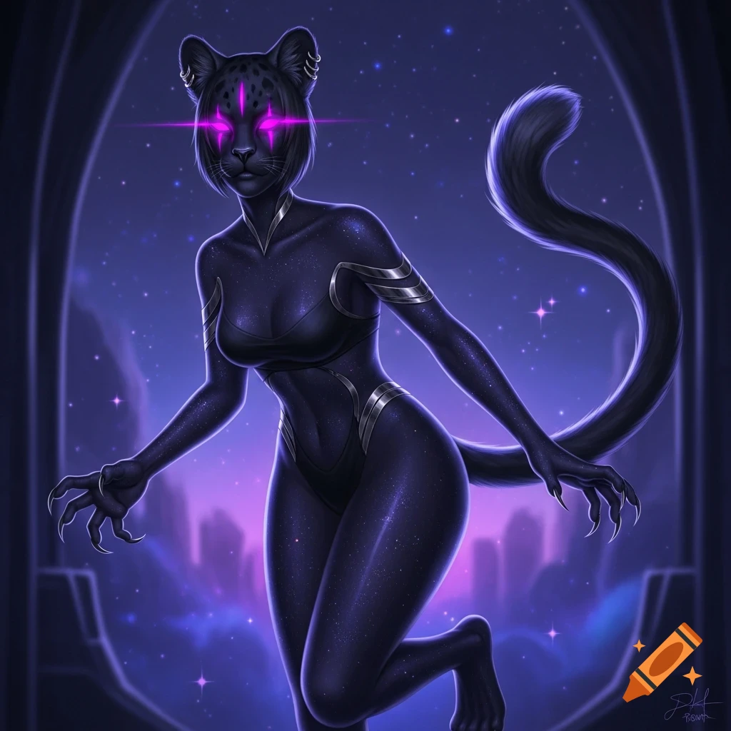 A dark, stylized anthro panther woman with glowing purple eyes, starry skin, and metallic accents stands against a cosmic purple background.