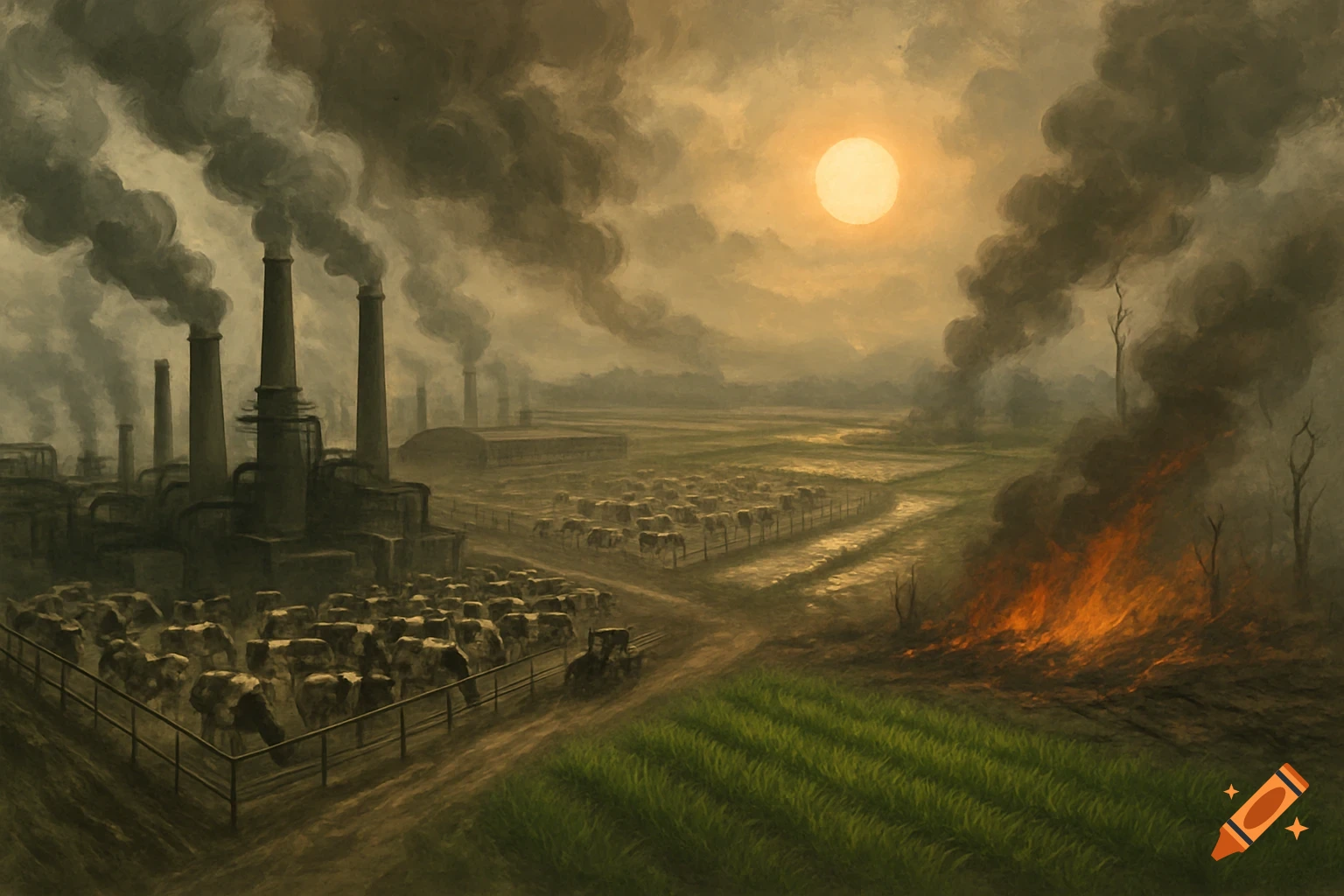 A painterly scene depicting factories emitting smoke, large animal farms, and a burning field under a hazy sun.