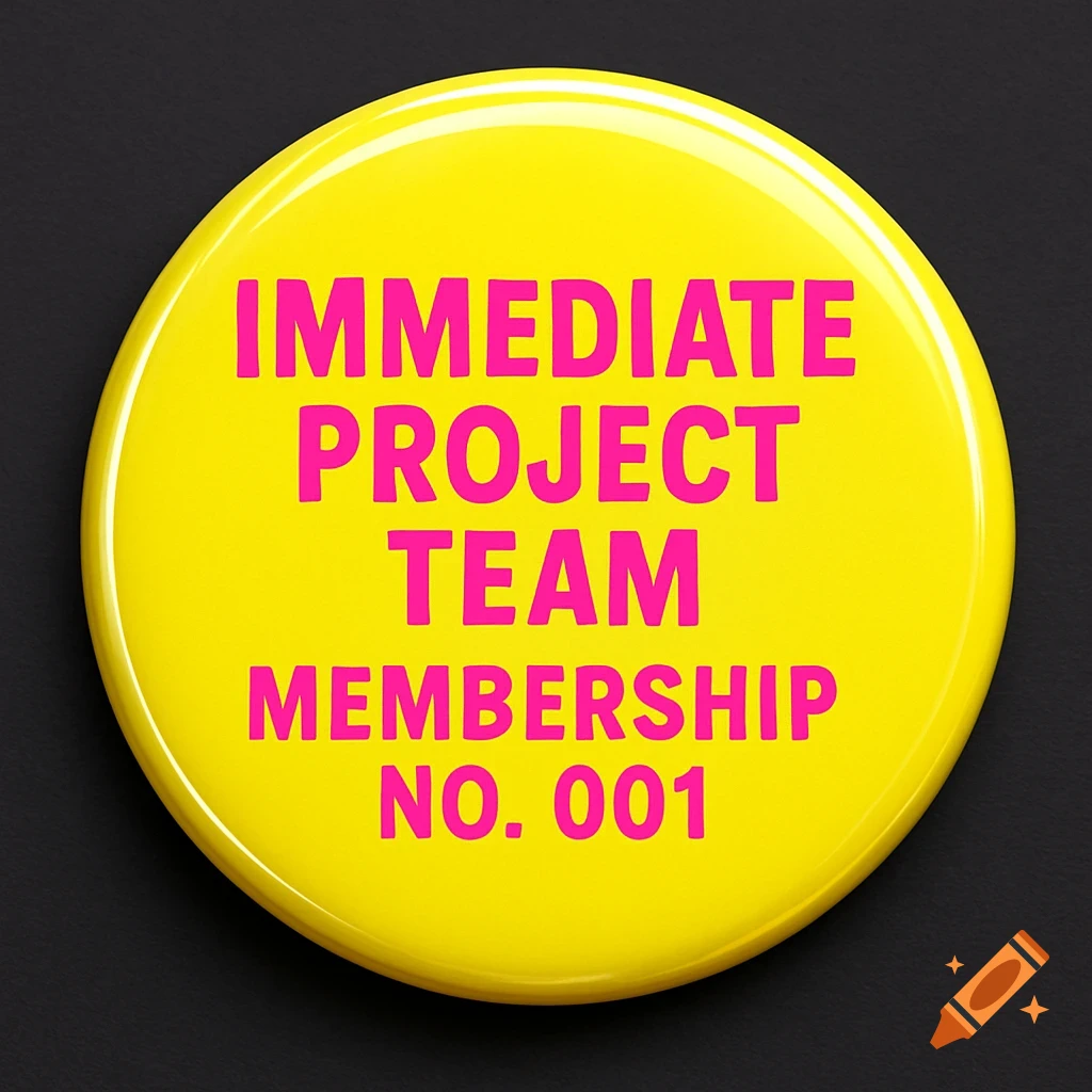 A bright yellow circular pin badge with 'IMMEDIATE PROJECT TEAM MEMBERSHIP NO. 001' written in bold pink text.