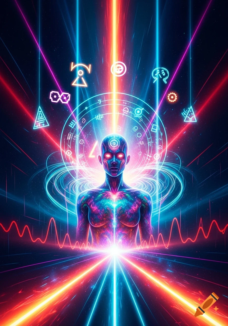 A glowing psychedelic figure stands centered, surrounded by neon fractals, swirling cosmic patterns, and abstract holographic symbols, creating a surreal sci-fi aura.