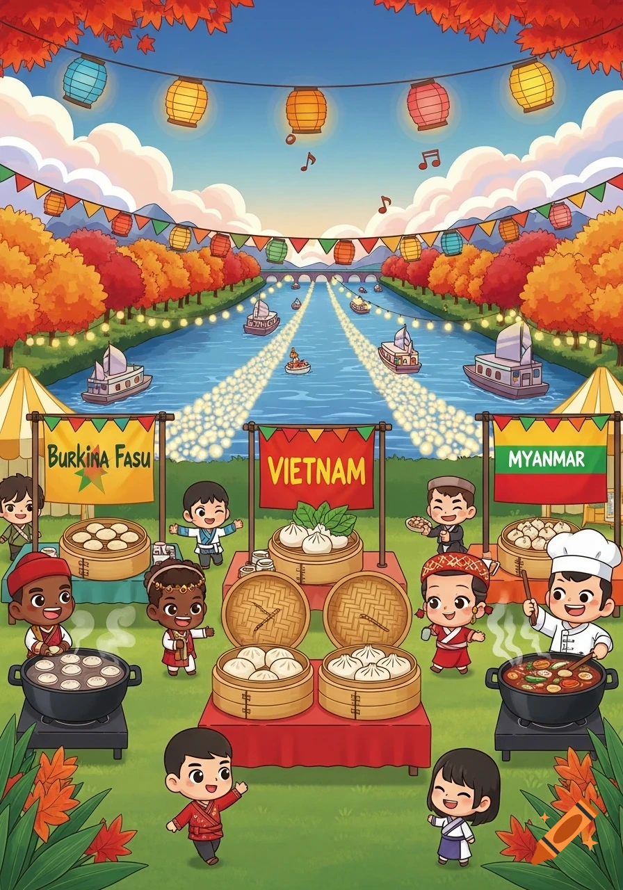 Cute chibi-style illustration of a vibrant food festival by a river, featuring people cooking traditional foods under flags for Burkina Faso, Vietnam, and Myanmar.
