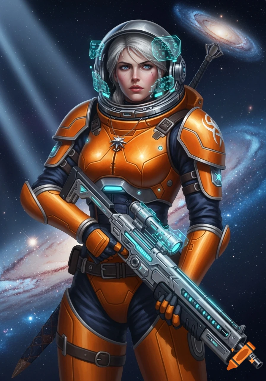 A white-haired woman in orange and grey futuristic astronaut armor holds a sci-fi rifle, standing in space with galaxies in the background.