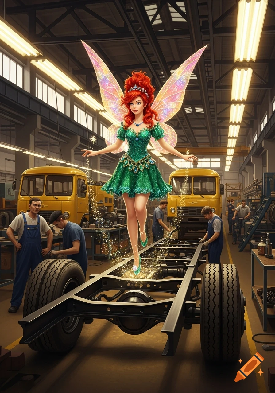 A red-haired fairy in a green dress hovers over a truck chassis in a bustling factory, casting magical sparks as male workers look on.