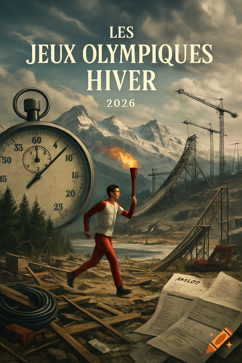 Conceptual illustration for the 2026 Winter Olympics, depicting a runner with a torch amidst a chaotic, snowy landscape with mountains, a stopwatch, and construction cranes and unfinished ski jumps, reflecting organizational and environmental issues.