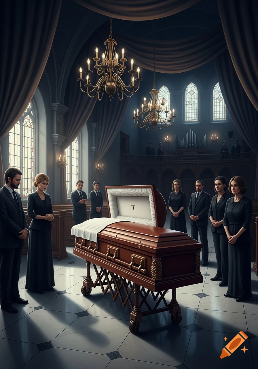 Photorealistic image of an open coffin draped with white cloth, surrounded by mourners in a dimly lit church with large windows and chandeliers.