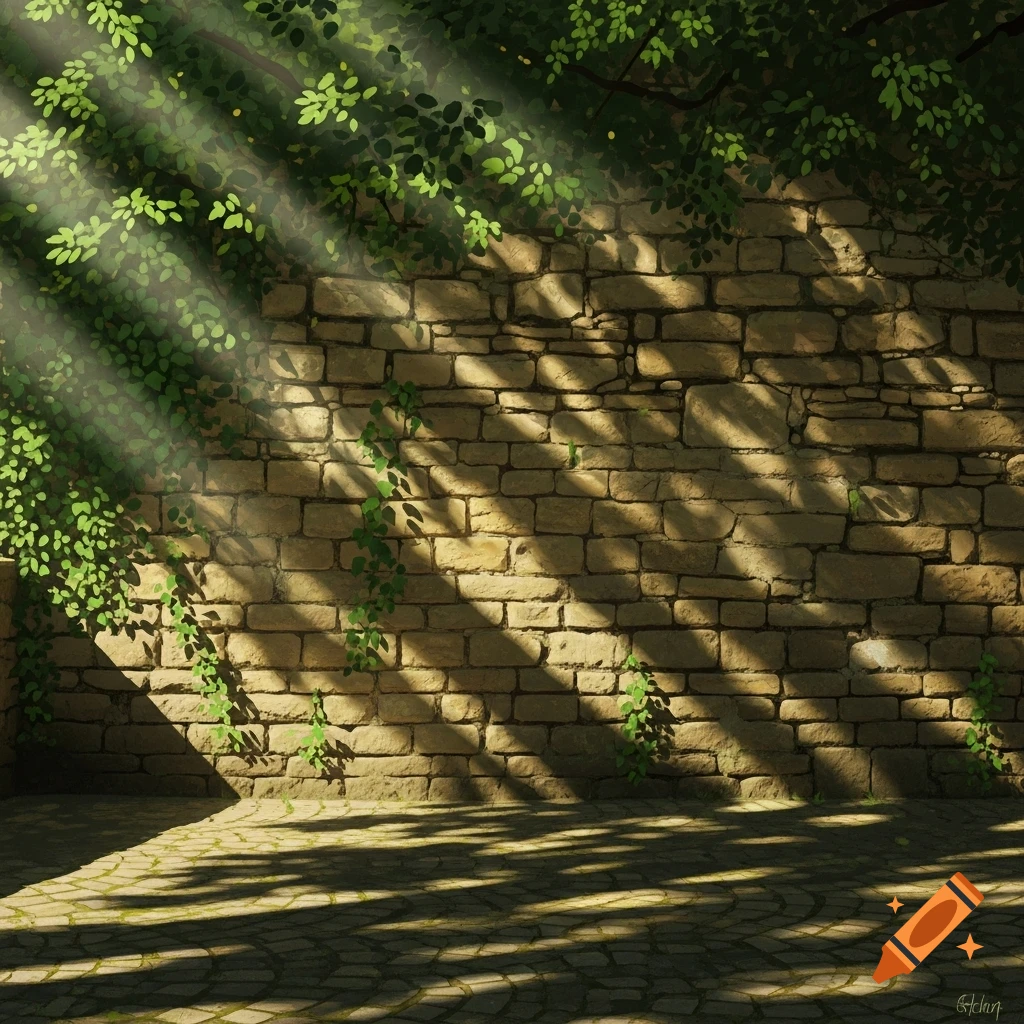 A rustic stone wall covered in green ivy, bathed in dappled sunlight and shadows from overhead leaves.