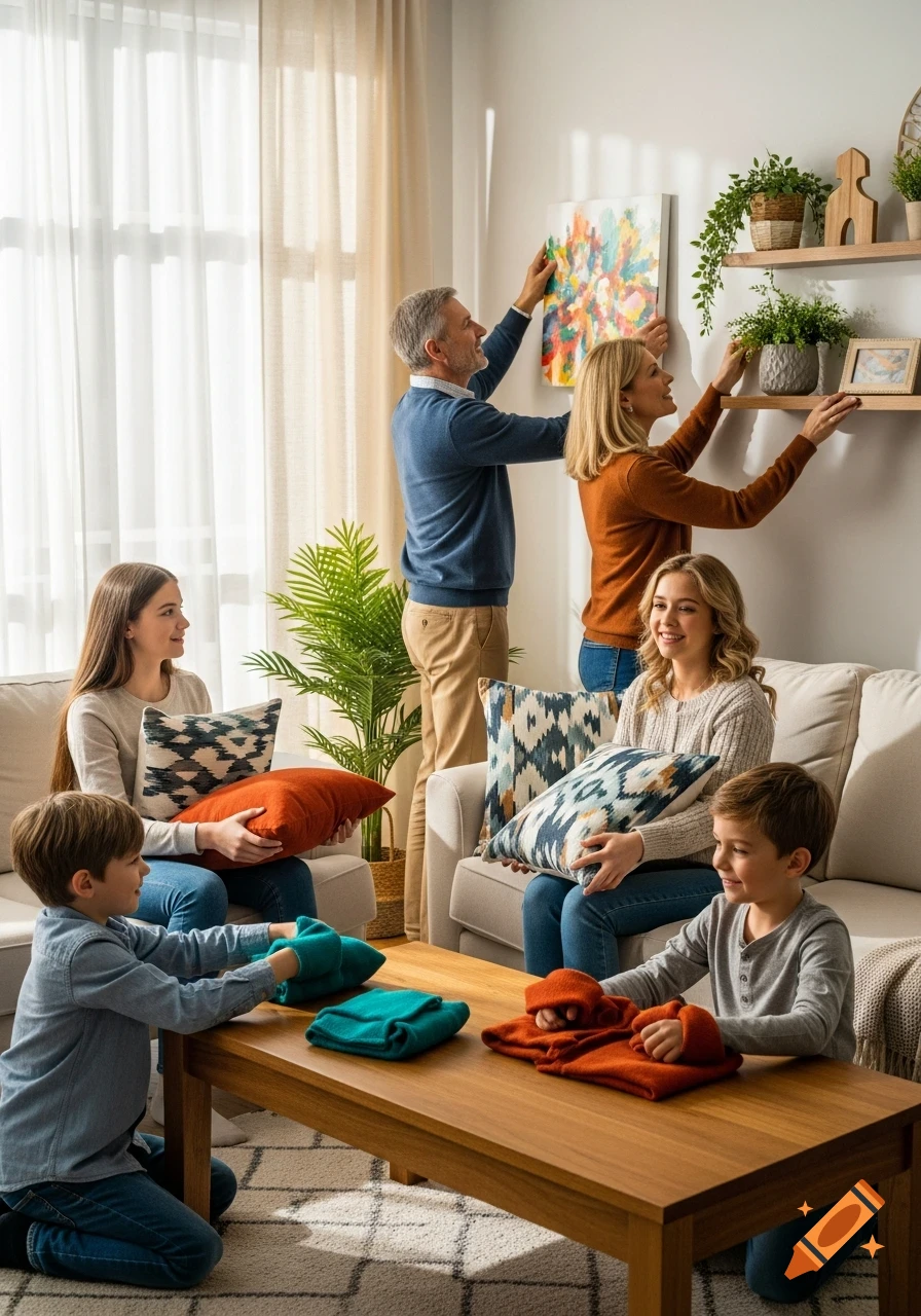 A family in a bright living room, with adults hanging a painting and arranging plants, while children play on the floor.