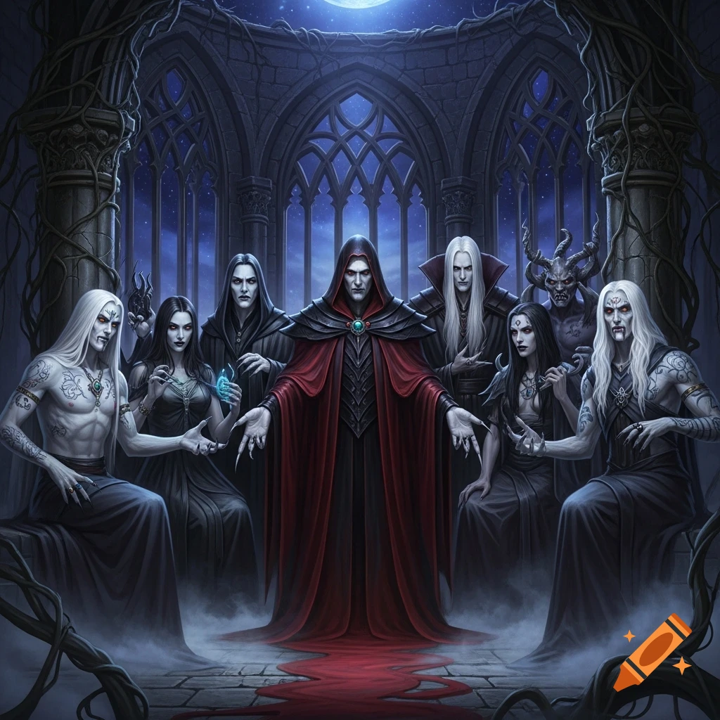 A digital painting of vampires and dark figures gathered in a gothic hall under a full moon, with blood on the floor.