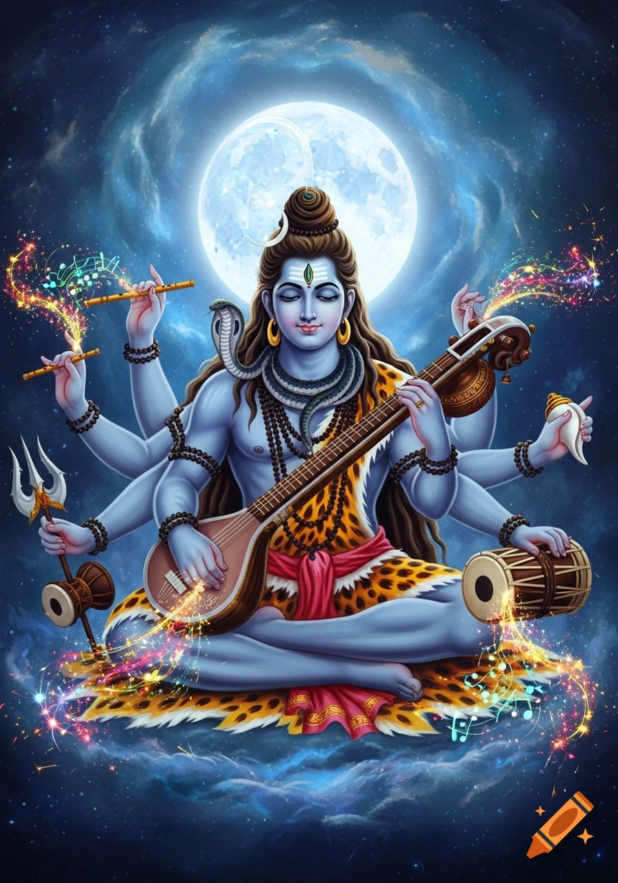 Colorful illustration of the Hindu deity Shiva with multiple arms, playing a string instrument, flute, and drum under a full moon in a starry sky.