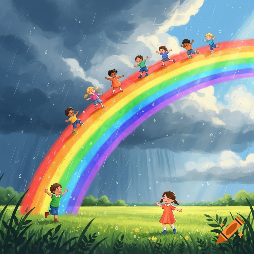 Illustrated scene of diverse children happily sliding down a vibrant rainbow under a rainy sky, landing in a green field.