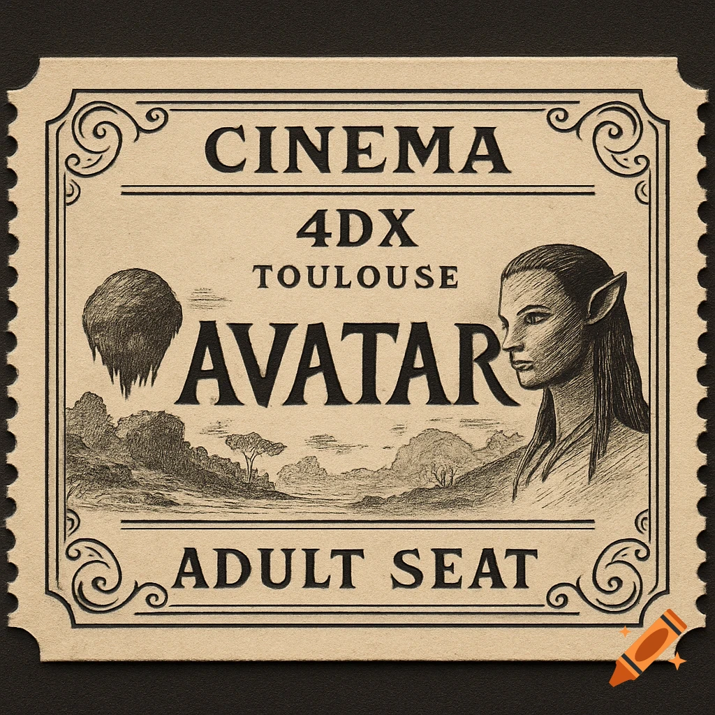 Vintage cinema ticket for 'Avatar' 4DX in Toulouse, featuring an illustrated Na'vi character and landscape.