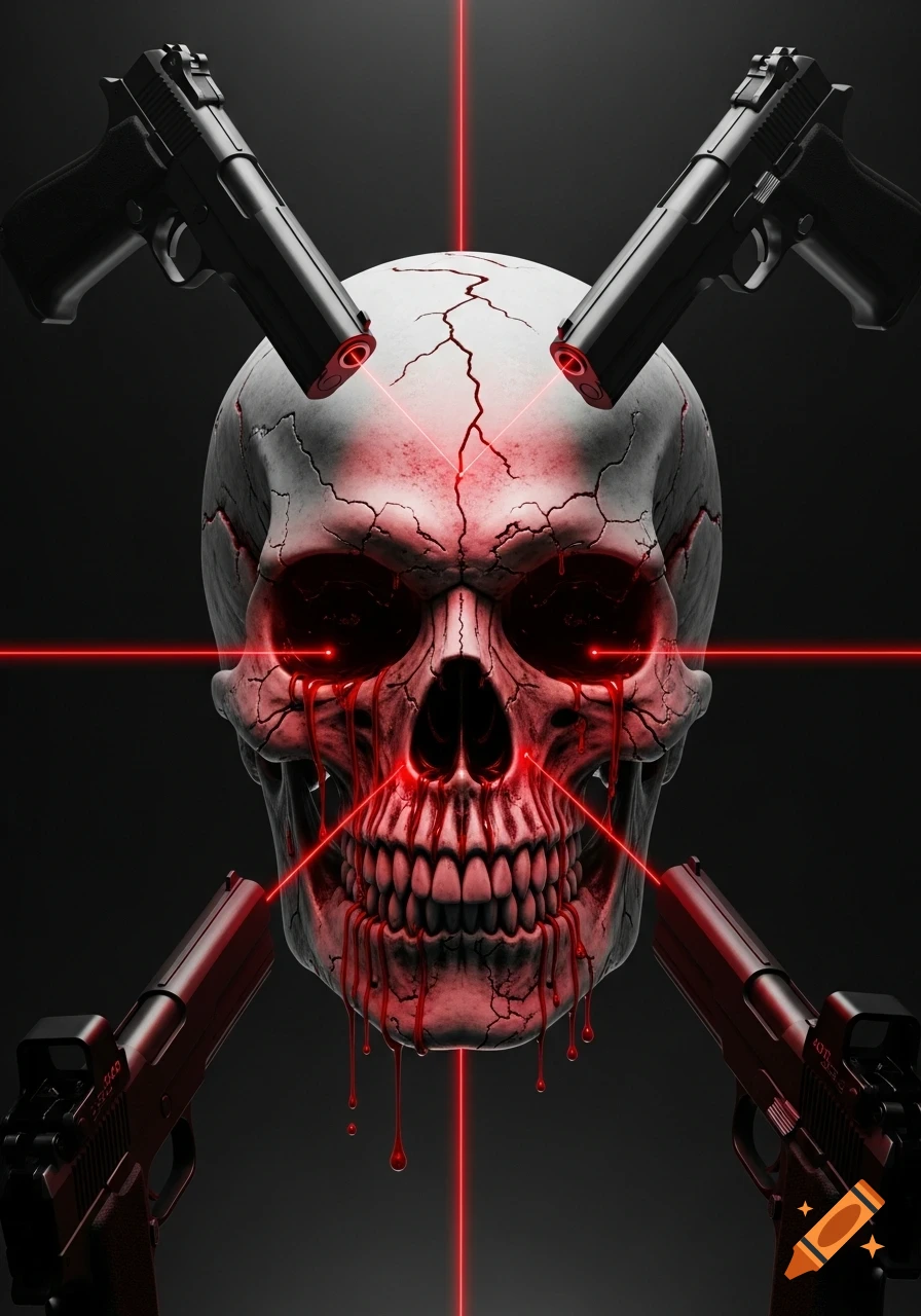 A cracked white skull with glowing red eyes and bloody drips, targeted by four black pistols with red laser sights against a dark background, in a detailed, surreal style.