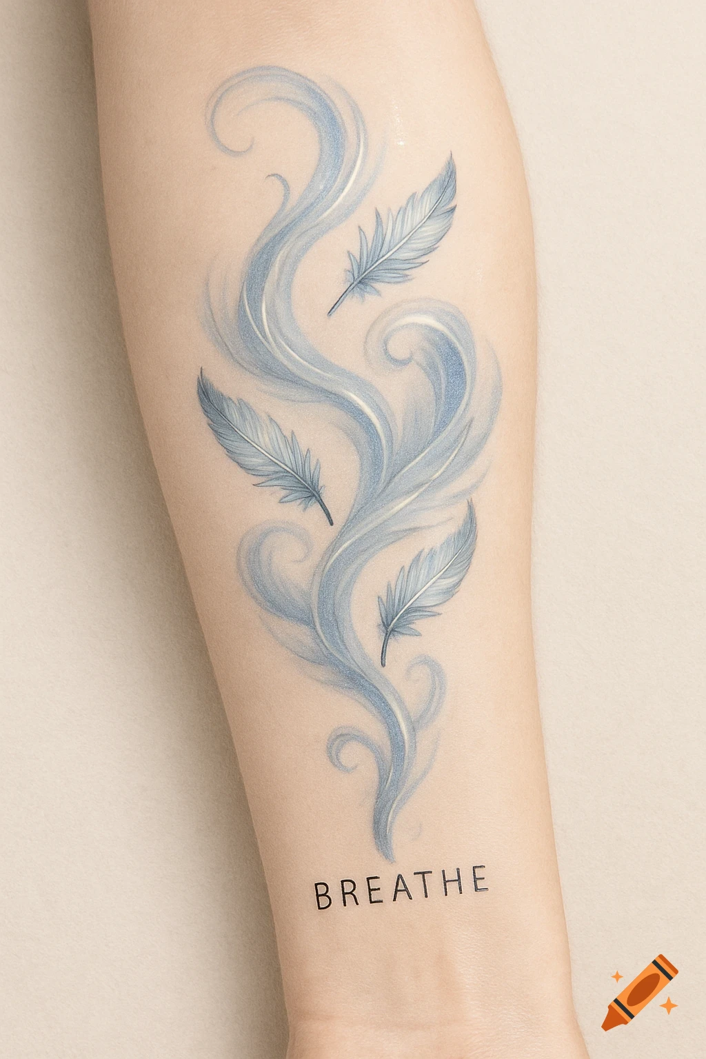 Delicate blue feather and swirl tattoo on an arm, with the word 'BREATHE' below it.