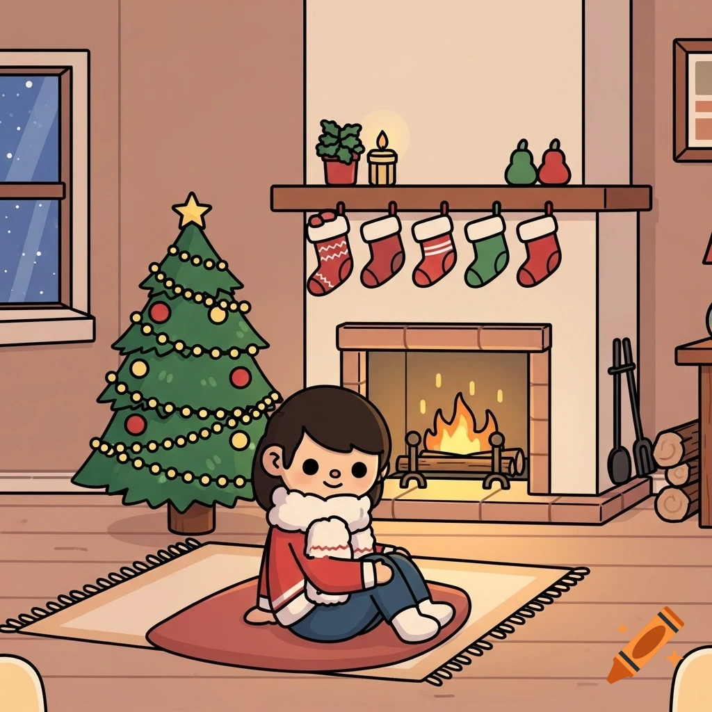 A cartoon character sits on a rug by a warm fireplace and decorated Christmas tree with hanging stockings.
