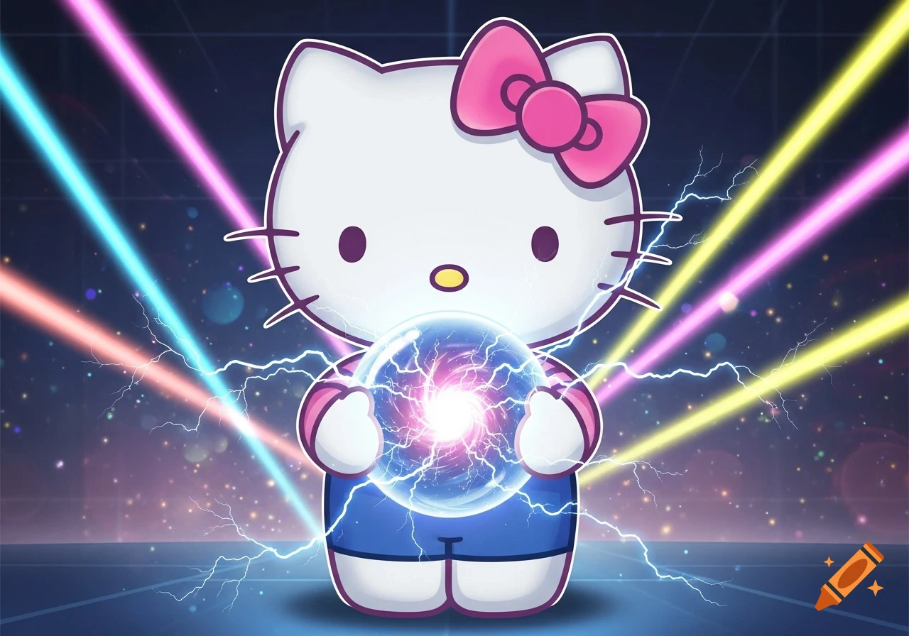 Hello Kitty holding a glowing blue and pink energy lightning ball with colorful lasers in a cosmic background.