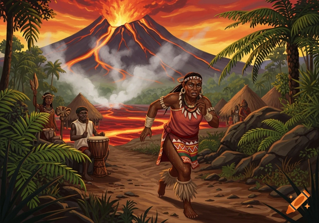 Illustration of a person running through a tribal village, escaping an erupting volcano with lava flowing through the jungle at sunset.