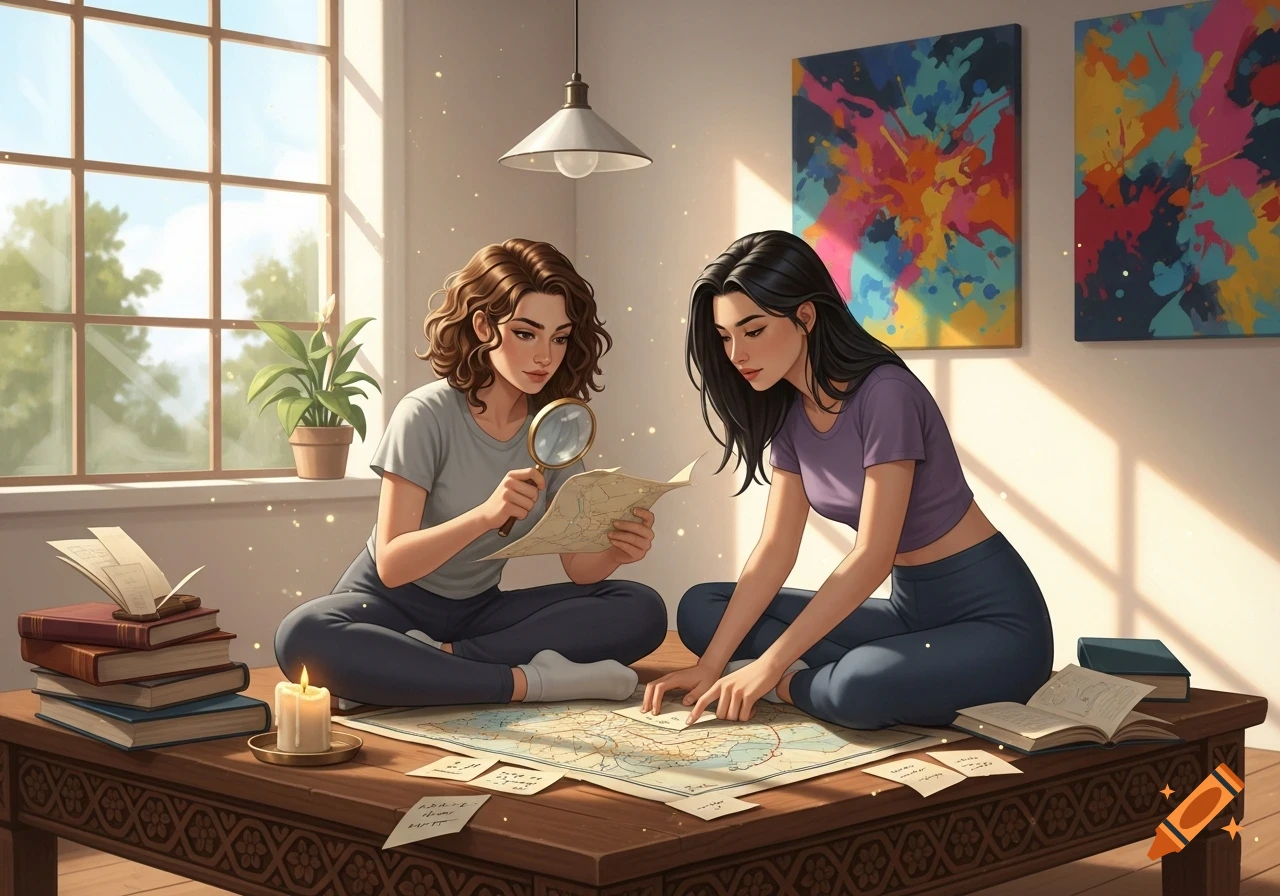 Two young women sit on a wooden table, one with a magnifying glass examining a map while the other points to a location, in a sunlit room.