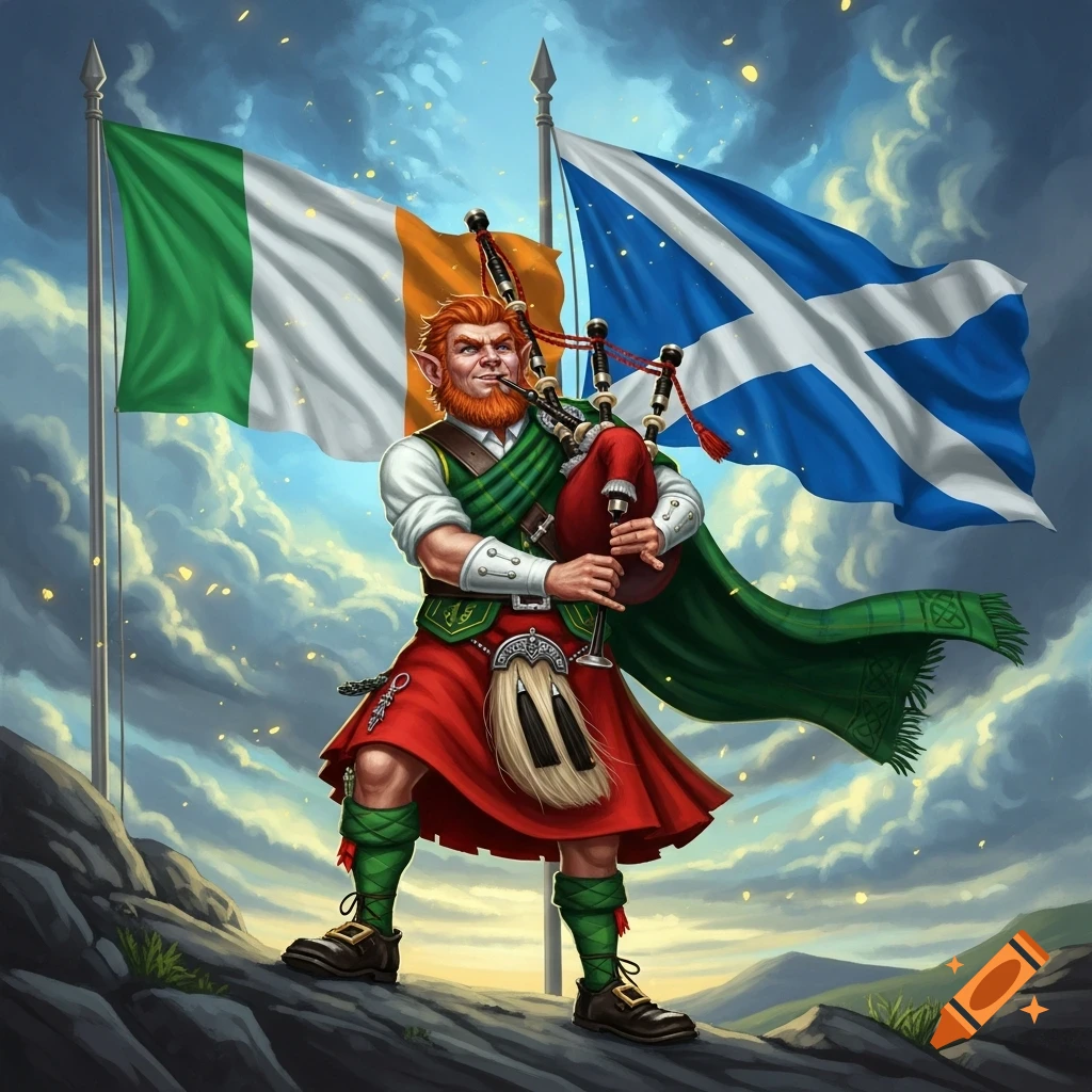 Digital art of a leprechaun in a red kilt playing bagpipes on a rocky hill, with flags of Ireland and Scotland in background.