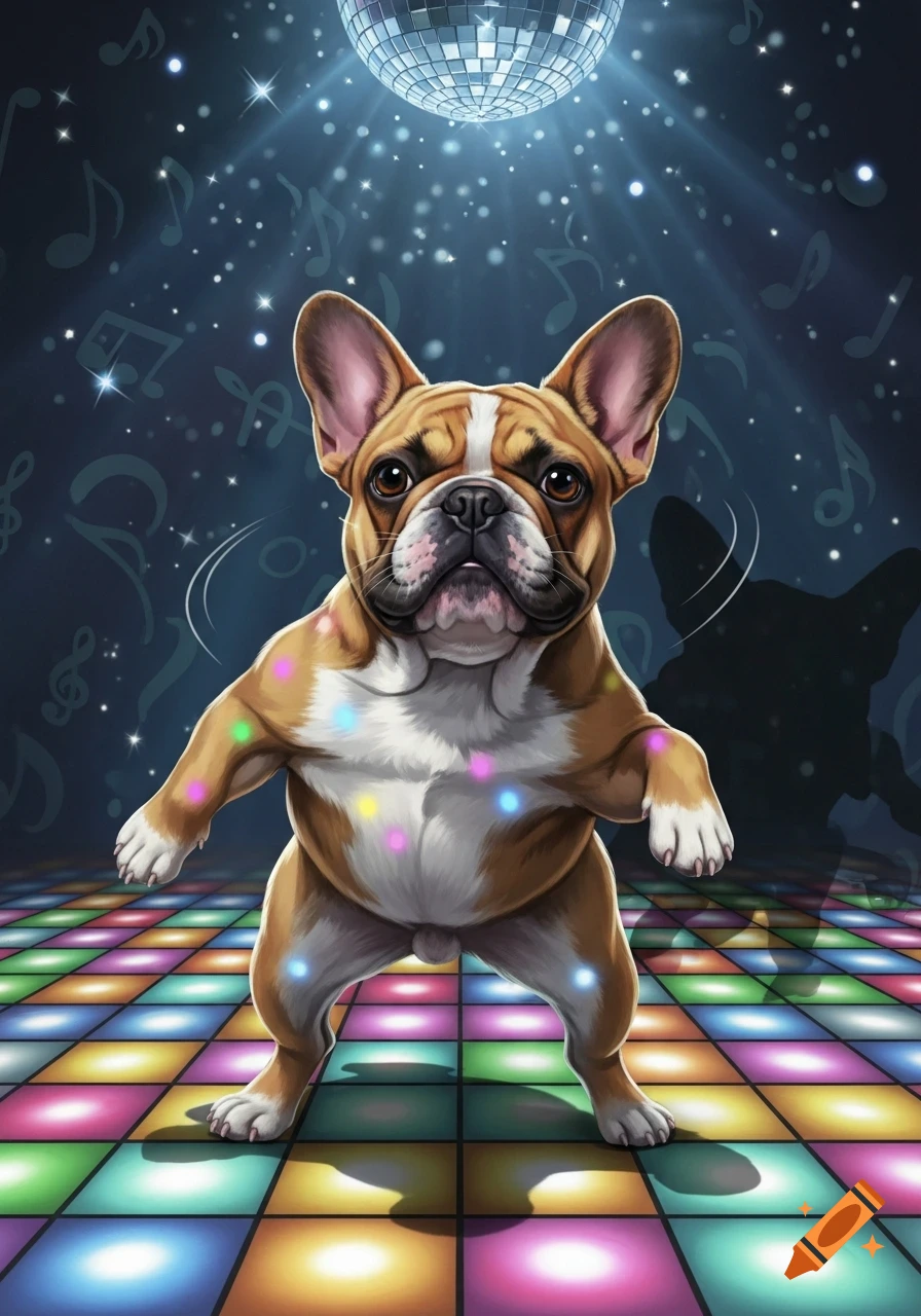 A cartoon French Bulldog dances on a colorful light-up disco floor under a sparkling disco ball with musical notes in the dark background.