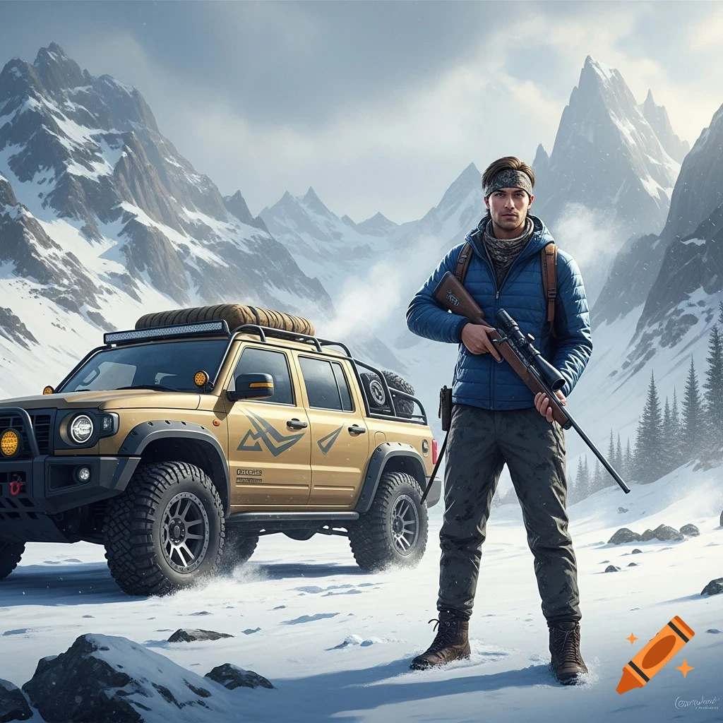 A man in a blue jacket holding a rifle stands next to a gold off-road truck in a snowy mountain landscape.
