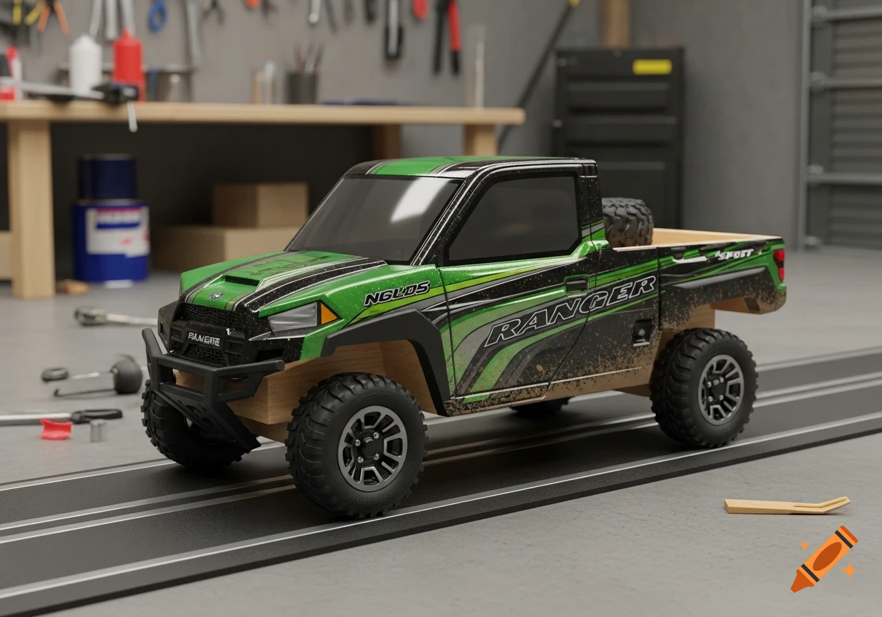 A green and black pine wood derby car resembling a Polaris Ranger, covered in mud splatters, sits on a track in a workshop.