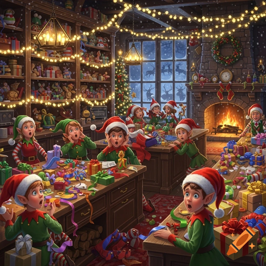 Shocked elves in a festive Santa's workshop filled with toys and wrapping supplies. A fireplace and snowy window are in the background.