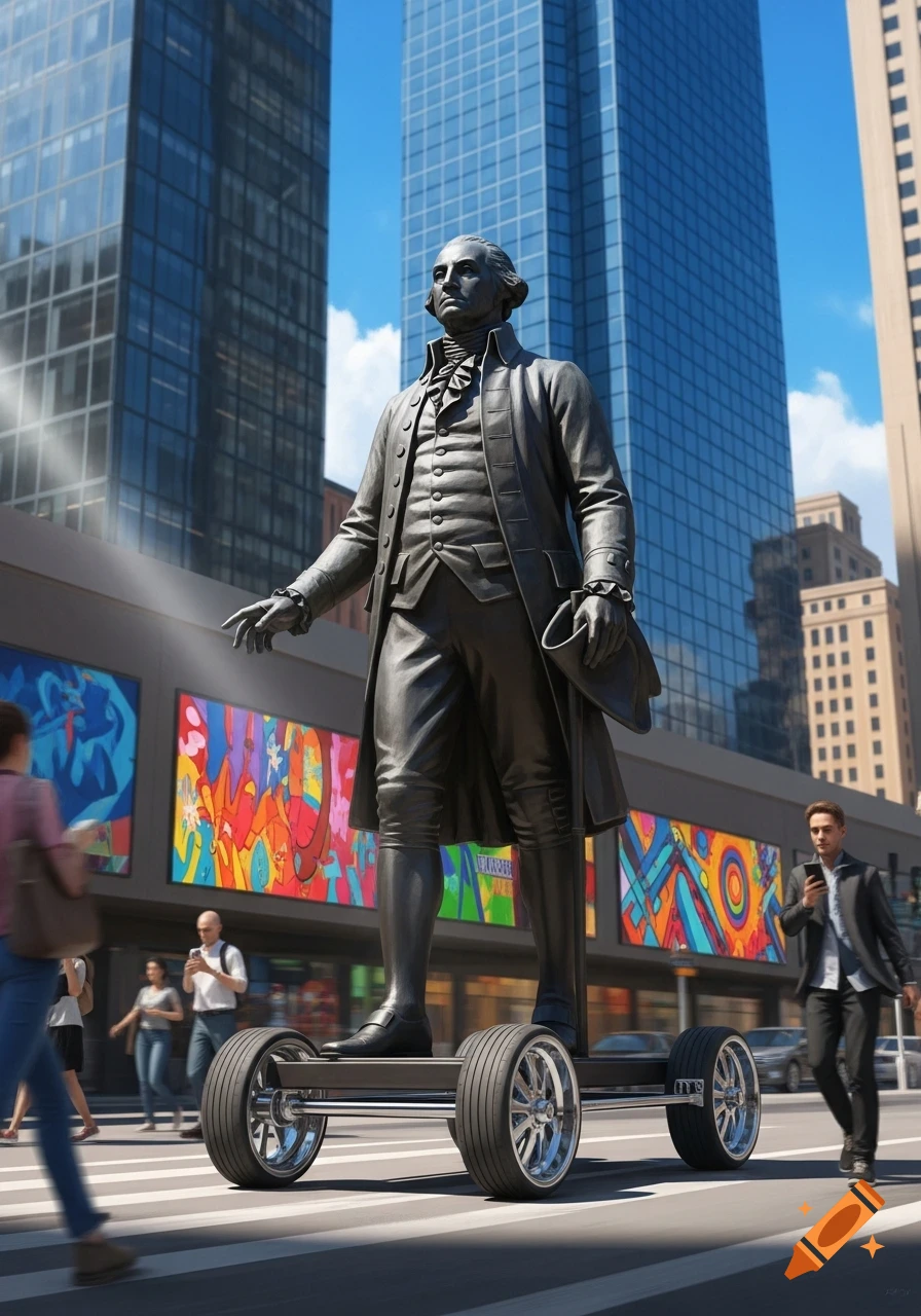 Photorealistic image of a George Washington statue on a custom four-wheeled platform on a city street with skyscrapers.