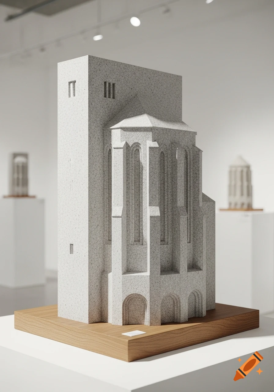 Minimalist architectural model of a light gray speckled building on a wooden base in a clean gallery setting.