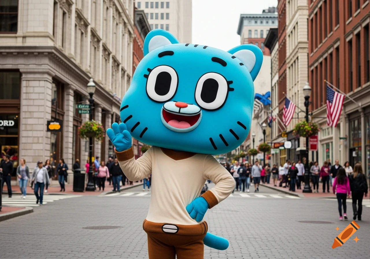 A person in a Gumball Watterson mascot costume waving on a bustling city street with buildings and American flags.