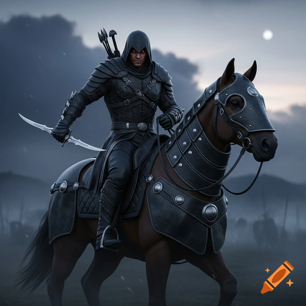 A hooded warrior in dark leather armor with red eyes rides an armored brown horse, holding a double dagger, under a cloudy sky.
