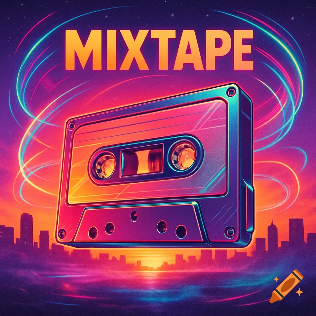 A neon-lit, retro-futuristic album cover featuring a vibrant cassette tape floating above a city skyline, with the word 'MIXTAPE' in bold orange text.