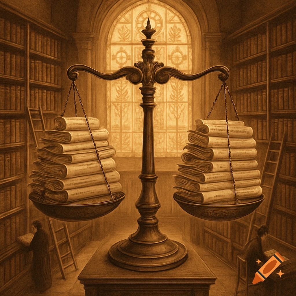 Sepia-toned illustration of ornate scales balancing large stacks of ancient scrolls in a grand library with a arched window and faint figures.