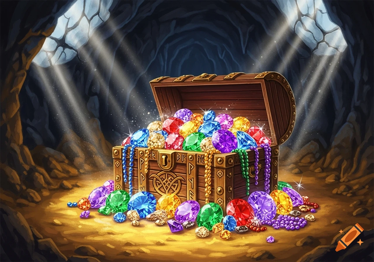 A wooden treasure chest overflowing with sparkling colorful gemstones and pearl necklaces, lit by rays of light in a dark cave.