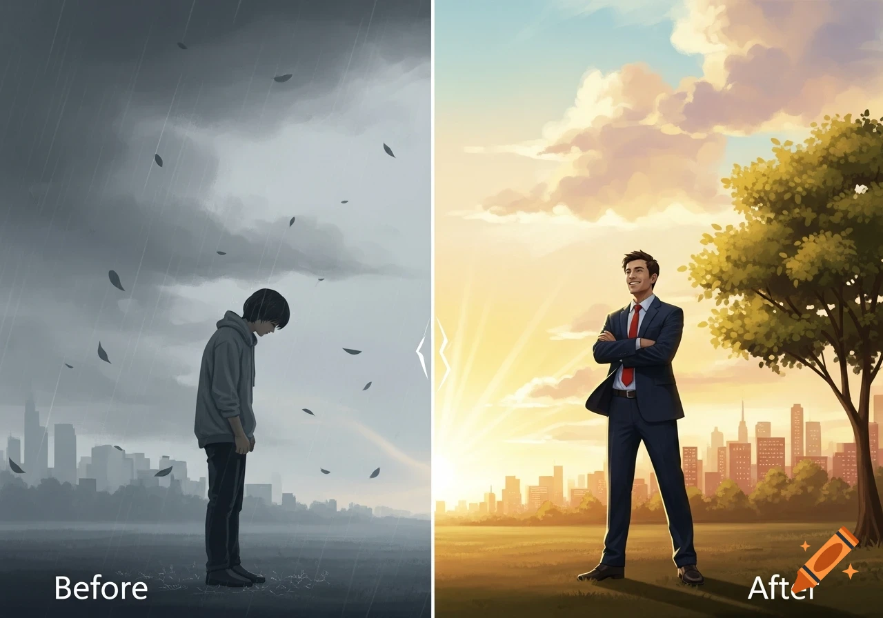 Split-screen illustration showing a sad person in the rain (Before) and a confident person in a suit under the sun (After), with cityscapes.
