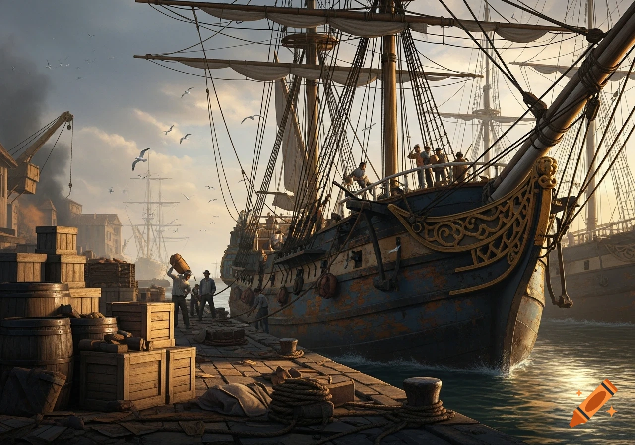 Photorealistic image of large old sailing ships docked in a busy harbor with workers loading and unloading cargo.