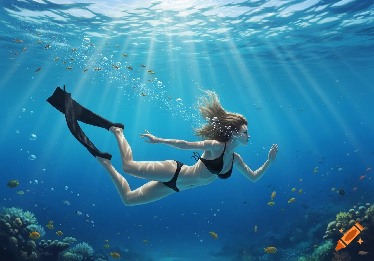 A woman in a black bikini and fins swims gracefully underwater amidst sun rays, bubbles, colorful fish, and coral.