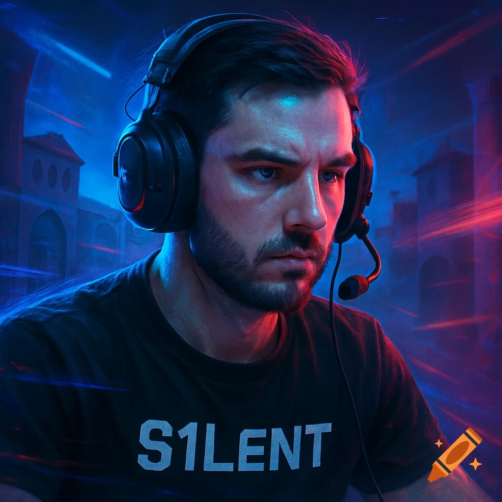 A focused male gamer wearing a headset and a 'S1LENT' shirt, illuminated by red and blue neon lights with a subtle background.