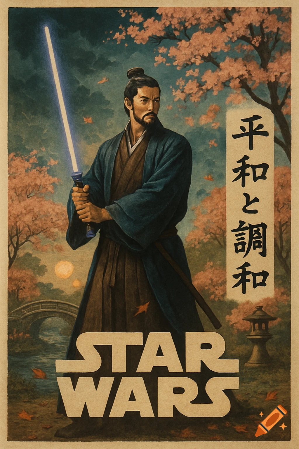 A samurai-like figure with a blue lightsaber in a traditional Japanese landscape with cherry blossoms and a bridge, styled as a vintage Star Wars poster.
