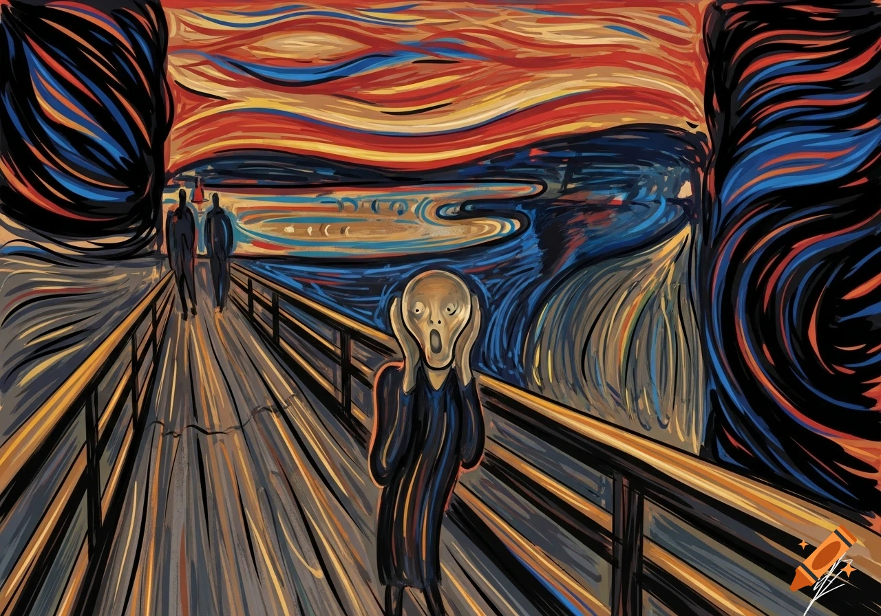 A vibrant, expressive painting in the style of 'The Scream', featuring a central figure on a bridge with hands to their face, screaming under a swirling, colorful sky. Two distant figures walk on the bridge.