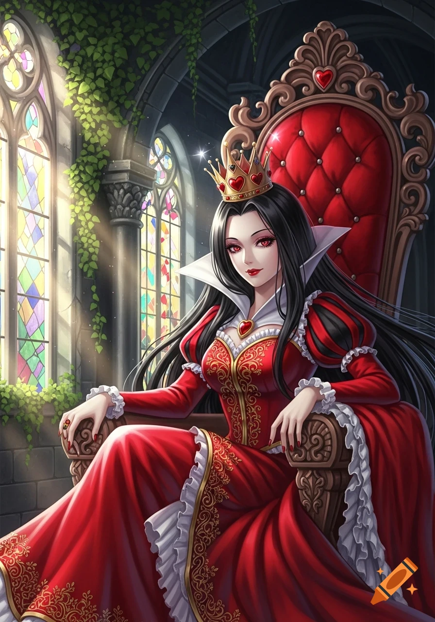 Anime queen with long black hair, red dress, and golden crown, sitting on a red throne in a hall with stained glass windows.