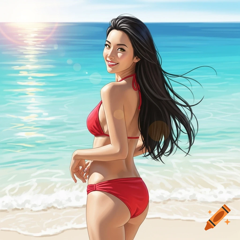 Slim Asian woman in a red bikini on a beach, smiling over her shoulder, with the ocean and sun behind her in an illustration.