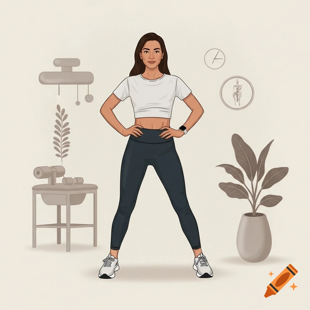 An illustration of a fit woman in a white crop top and dark leggings, hands on hips, standing in a clean, minimalist setting.