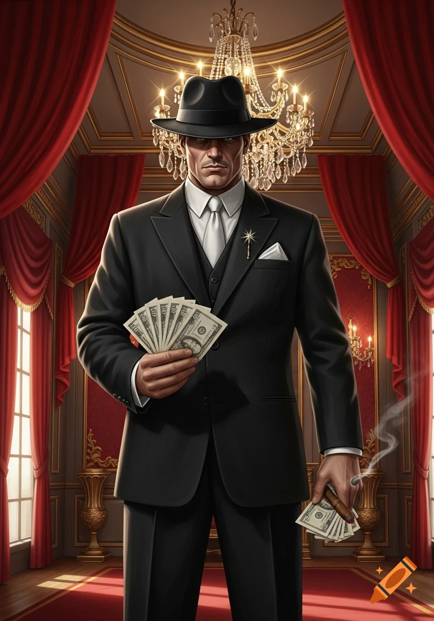 A stern man in a black suit and fedora holds fanned banknotes and a lit cigar in an opulent room with red drapes and a chandelier.