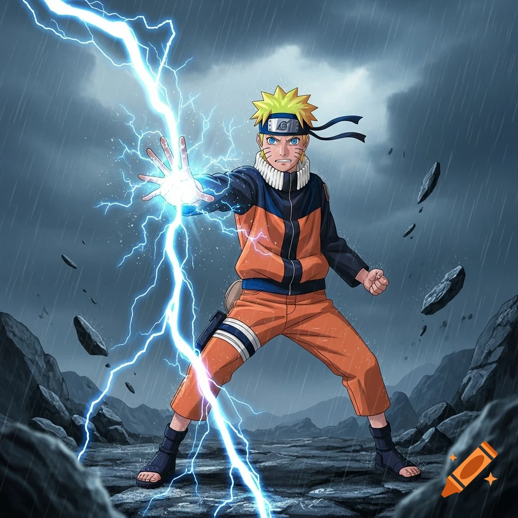 Naruto Uzumaki in his Shippuden attire stands in a rocky, rainy landscape, conjuring a bright blue lightning bolt from his hand.
