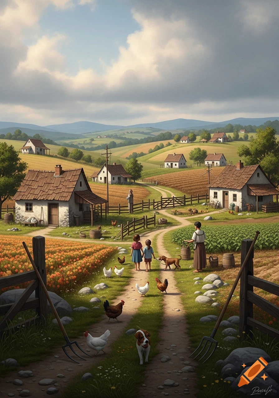 A vibrant, illustrative farm scene with a path, houses, fields, children, a dog, and chickens under a cloudy sky.