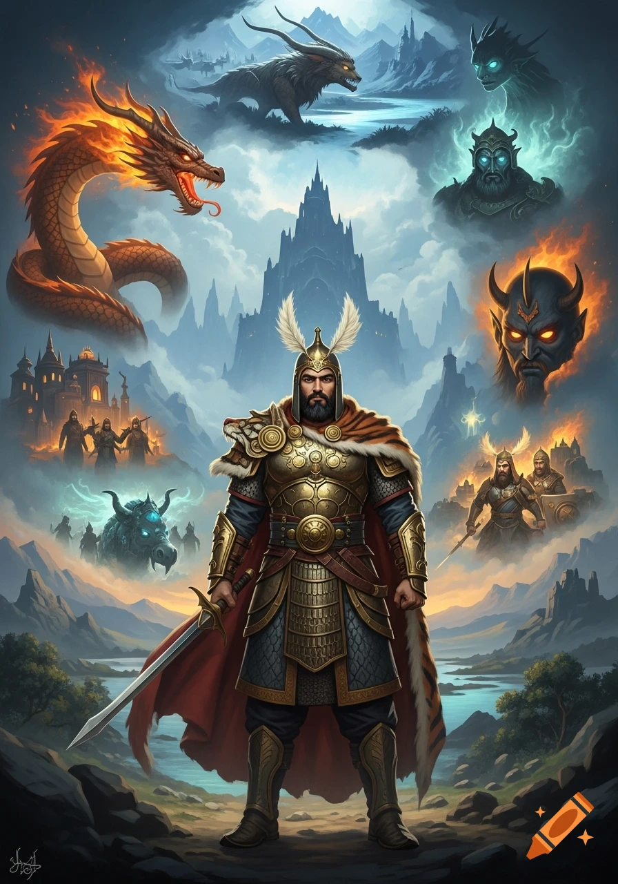 An epic fantasy artwork depicts a warrior in golden armor, holding a sword, amidst a cloudy mountain landscape with a castle and mythical creatures.