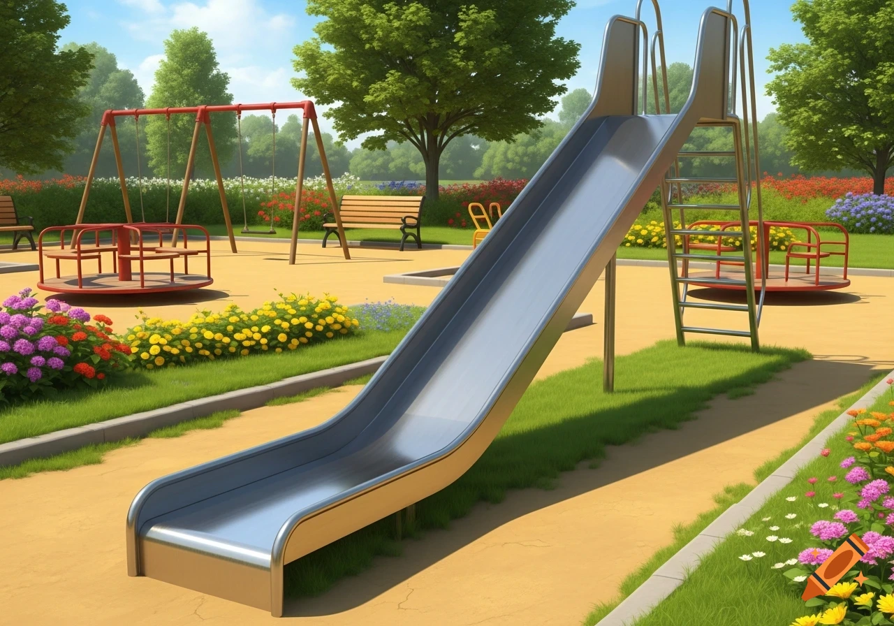A bright and sunny playground featuring a large metal slide, red swings, merry-go-rounds, green grass, trees, and colorful flower beds.