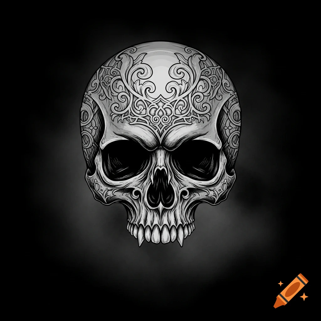 A stylized, ornate skull illustration with intricate patterns on its forehead and temples, against a dark background.