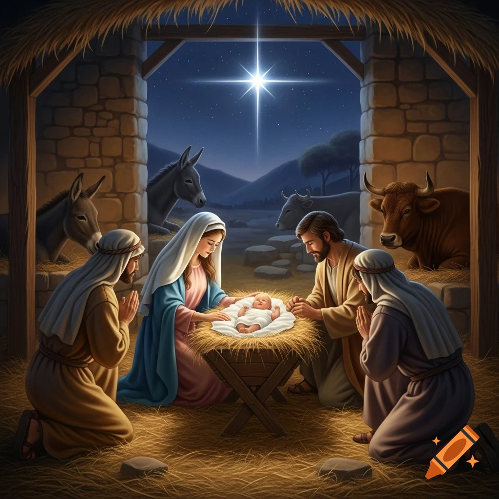 Mary, Joseph, and two shepherds kneel before baby Jesus in a manger in a stable at night, under a bright star, with animals present.